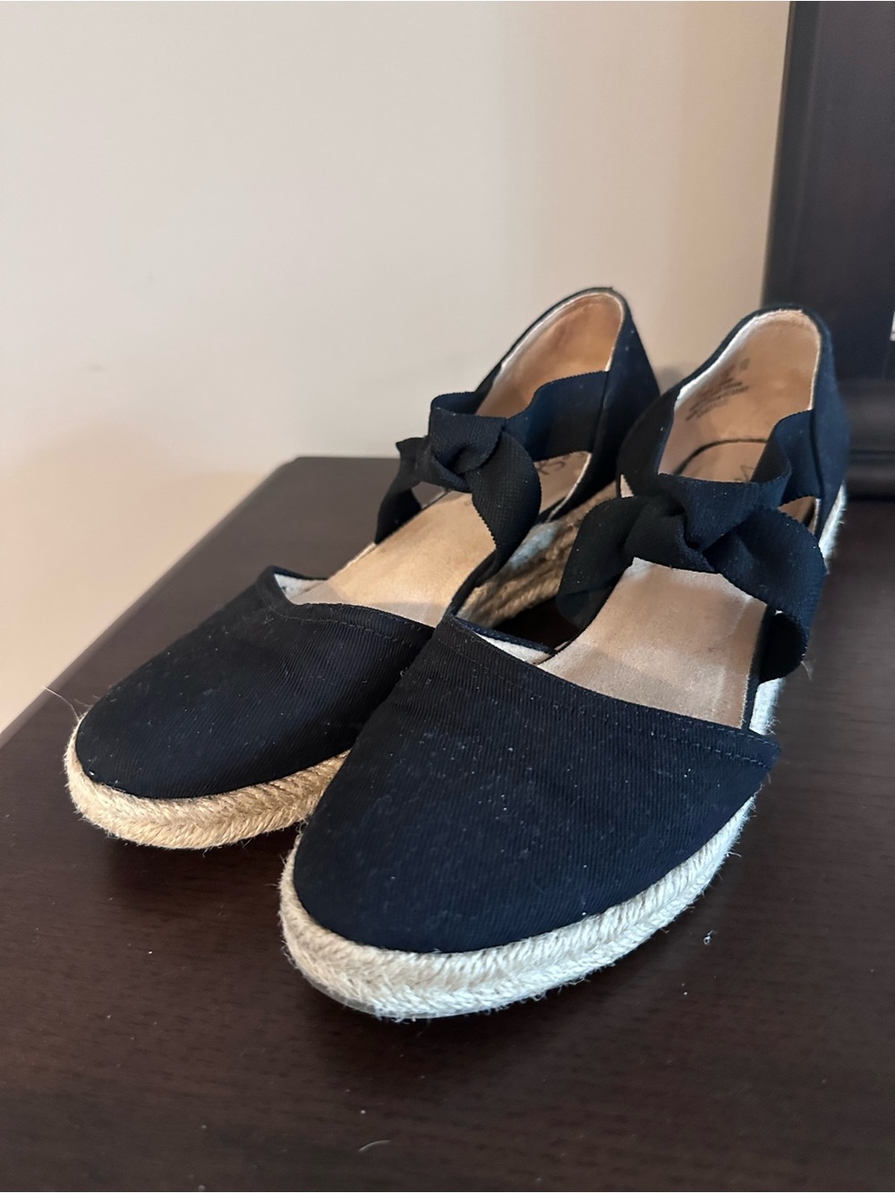 Classic Black Espadrille Wedge Flats with Ankle Tie